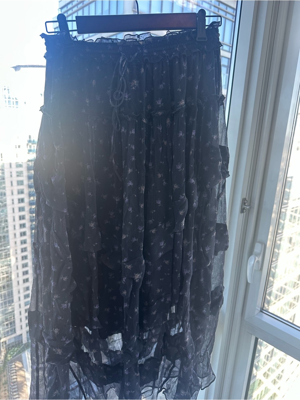 Coach Black Sheer Floral Tiered Maxi Skirt with Subtle White Print